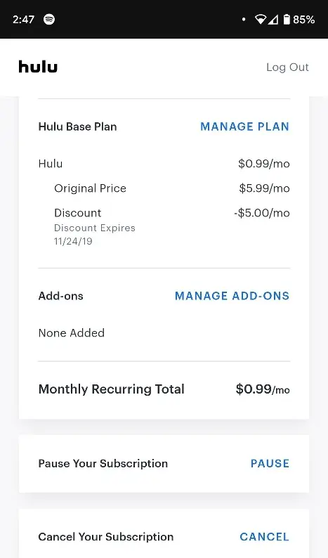 Cancel Hulu Subscription via HuluMobile App